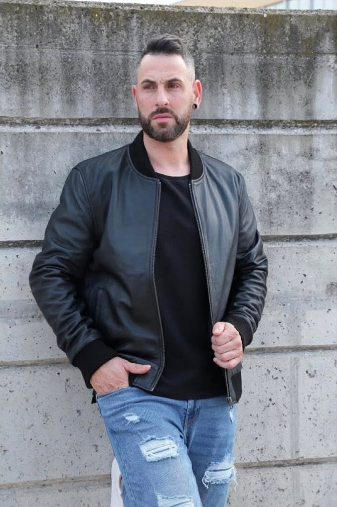 Chaqueta de piel bomber para hombre